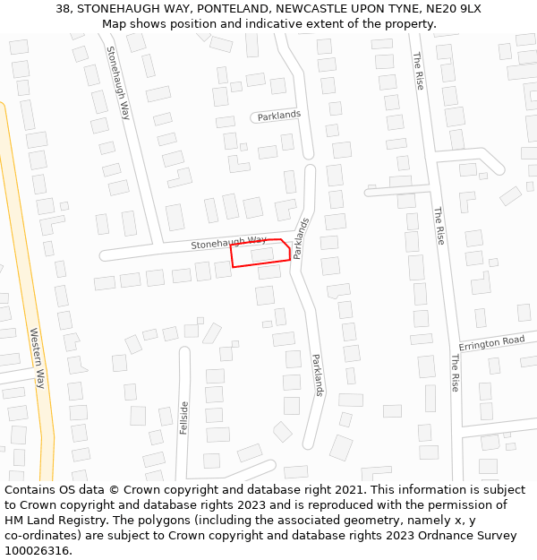 38, STONEHAUGH WAY, PONTELAND, NEWCASTLE UPON TYNE, NE20 9LX: Location map and indicative extent of plot