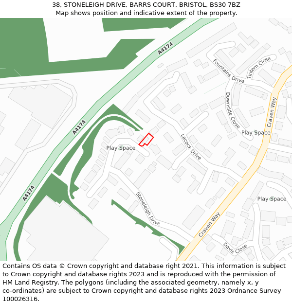 38, STONELEIGH DRIVE, BARRS COURT, BRISTOL, BS30 7BZ: Location map and indicative extent of plot