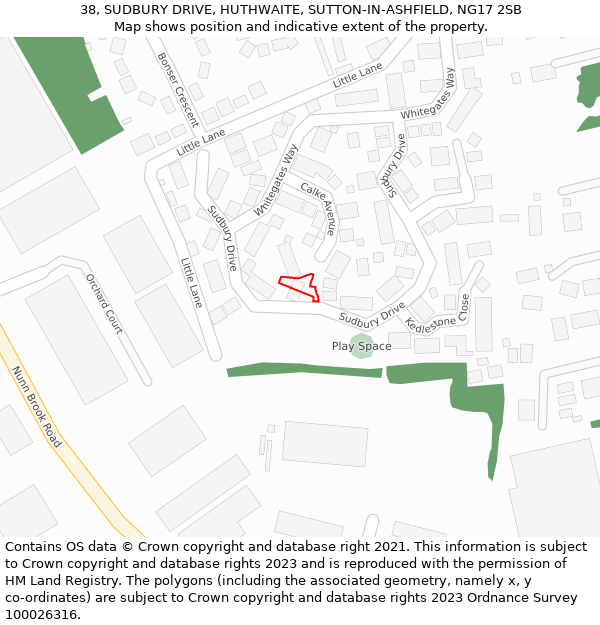 38, SUDBURY DRIVE, HUTHWAITE, SUTTON-IN-ASHFIELD, NG17 2SB: Location map and indicative extent of plot