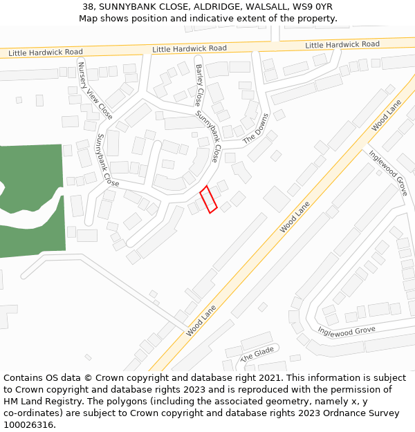 38, SUNNYBANK CLOSE, ALDRIDGE, WALSALL, WS9 0YR: Location map and indicative extent of plot