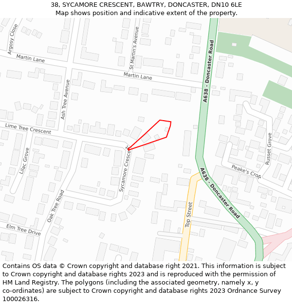 38, SYCAMORE CRESCENT, BAWTRY, DONCASTER, DN10 6LE: Location map and indicative extent of plot