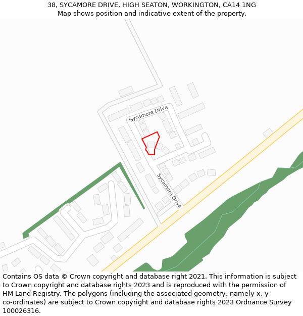 38, SYCAMORE DRIVE, HIGH SEATON, WORKINGTON, CA14 1NG: Location map and indicative extent of plot