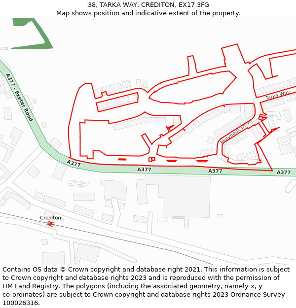 38, TARKA WAY, CREDITON, EX17 3FG: Location map and indicative extent of plot