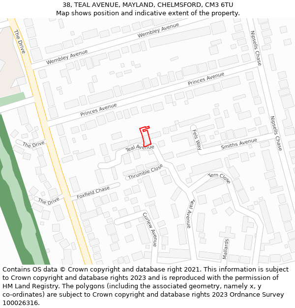 38, TEAL AVENUE, MAYLAND, CHELMSFORD, CM3 6TU: Location map and indicative extent of plot