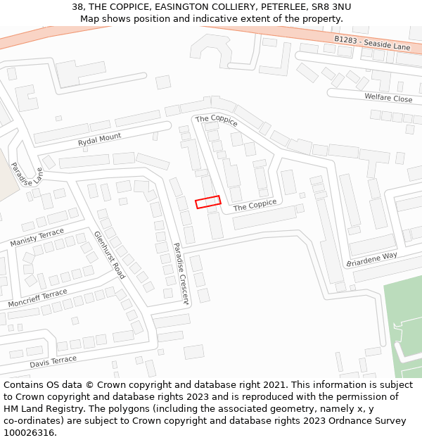 38, THE COPPICE, EASINGTON COLLIERY, PETERLEE, SR8 3NU: Location map and indicative extent of plot