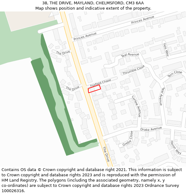 38, THE DRIVE, MAYLAND, CHELMSFORD, CM3 6AA: Location map and indicative extent of plot