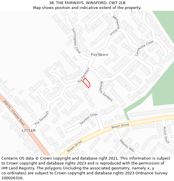 38, THE FAIRWAYS, WINSFORD, CW7 2LB: Location map and indicative extent of plot