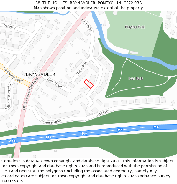 38, THE HOLLIES, BRYNSADLER, PONTYCLUN, CF72 9BA: Location map and indicative extent of plot