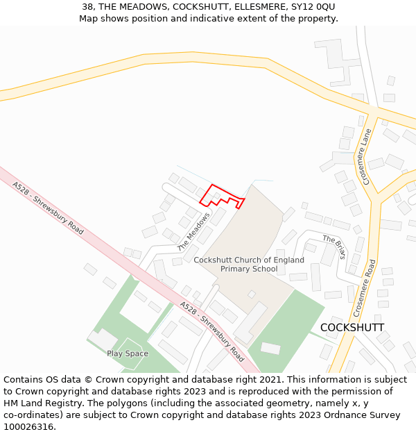 38, THE MEADOWS, COCKSHUTT, ELLESMERE, SY12 0QU: Location map and indicative extent of plot