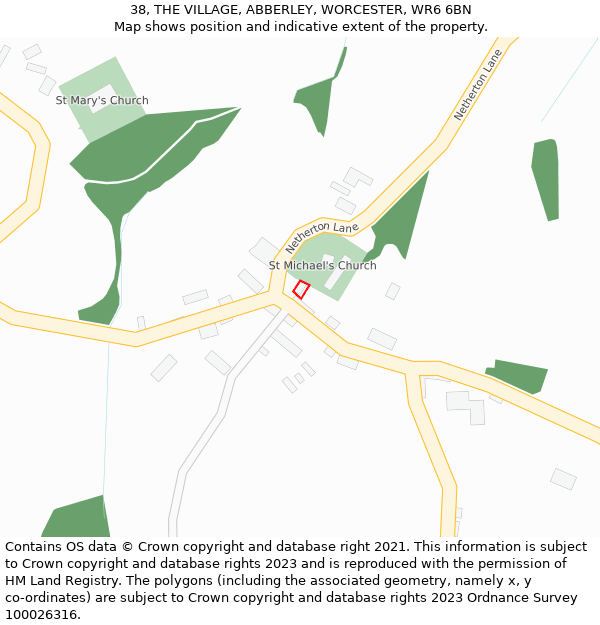 38, THE VILLAGE, ABBERLEY, WORCESTER, WR6 6BN: Location map and indicative extent of plot