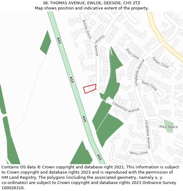 38, THOMAS AVENUE, EWLOE, DEESIDE, CH5 3TZ: Location map and indicative extent of plot