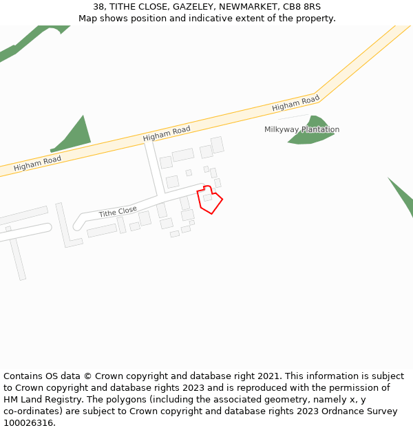 38, TITHE CLOSE, GAZELEY, NEWMARKET, CB8 8RS: Location map and indicative extent of plot