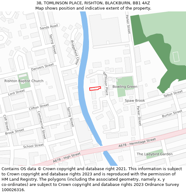 38, TOMLINSON PLACE, RISHTON, BLACKBURN, BB1 4AZ: Location map and indicative extent of plot