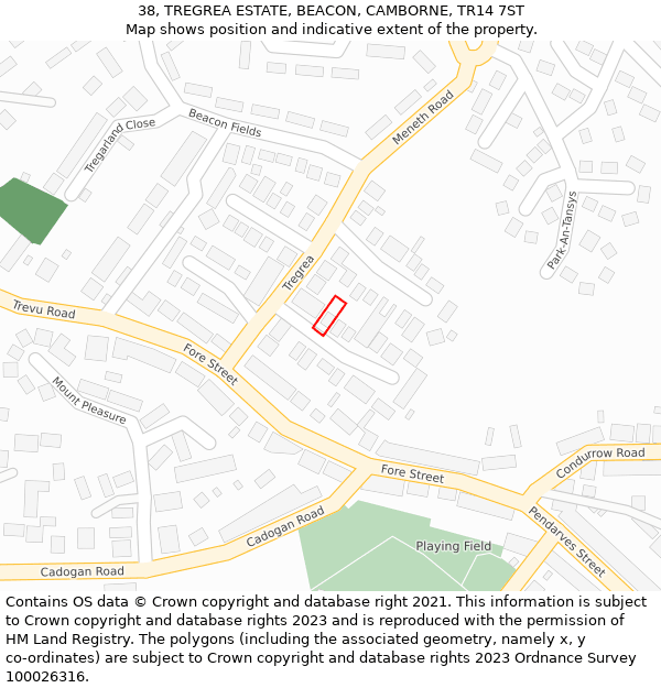 38, TREGREA ESTATE, BEACON, CAMBORNE, TR14 7ST: Location map and indicative extent of plot