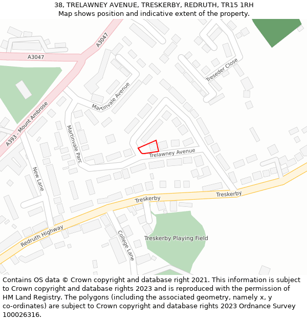 38, TRELAWNEY AVENUE, TRESKERBY, REDRUTH, TR15 1RH: Location map and indicative extent of plot