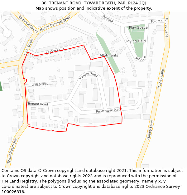 38, TRENANT ROAD, TYWARDREATH, PAR, PL24 2QJ: Location map and indicative extent of plot