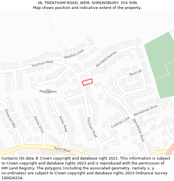 38, TRENTHAM ROAD, WEM, SHREWSBURY, SY4 5HN: Location map and indicative extent of plot