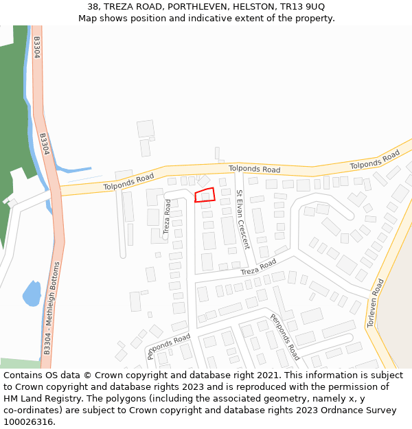 38, TREZA ROAD, PORTHLEVEN, HELSTON, TR13 9UQ: Location map and indicative extent of plot