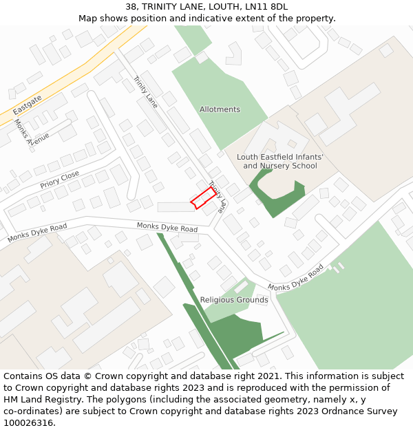 38, TRINITY LANE, LOUTH, LN11 8DL: Location map and indicative extent of plot