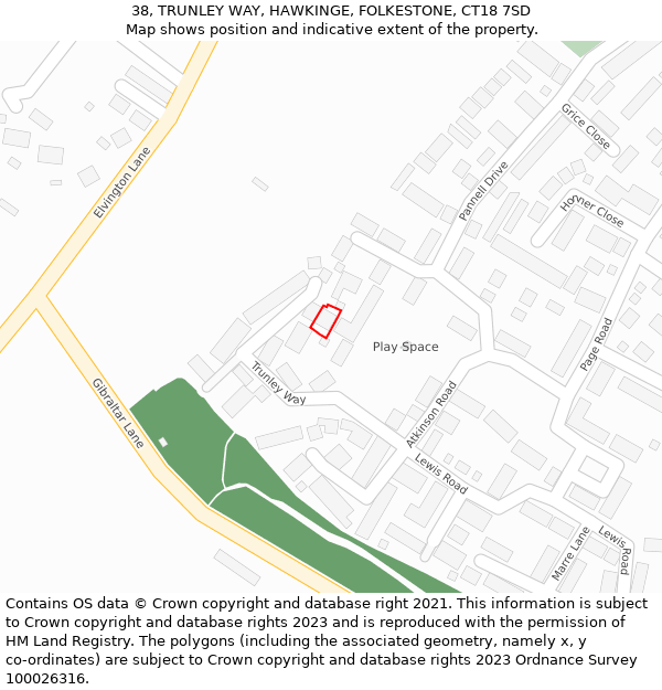 38, TRUNLEY WAY, HAWKINGE, FOLKESTONE, CT18 7SD: Location map and indicative extent of plot