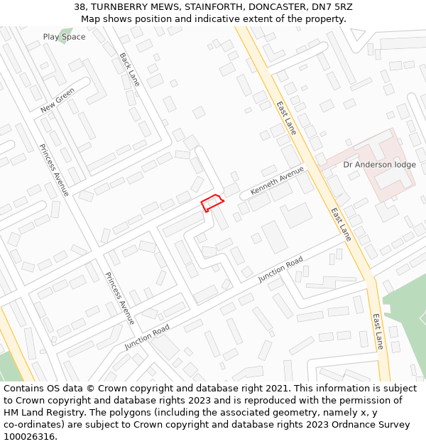 38, TURNBERRY MEWS, STAINFORTH, DONCASTER, DN7 5RZ: Location map and indicative extent of plot