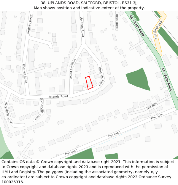 38, UPLANDS ROAD, SALTFORD, BRISTOL, BS31 3JJ: Location map and indicative extent of plot