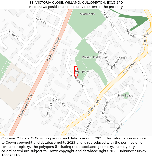 38, VICTORIA CLOSE, WILLAND, CULLOMPTON, EX15 2PD: Location map and indicative extent of plot