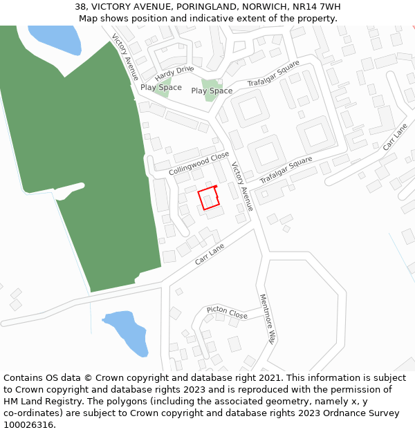 38, VICTORY AVENUE, PORINGLAND, NORWICH, NR14 7WH: Location map and indicative extent of plot