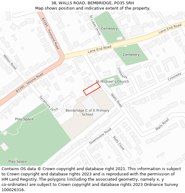38, WALLS ROAD, BEMBRIDGE, PO35 5RH: Location map and indicative extent of plot
