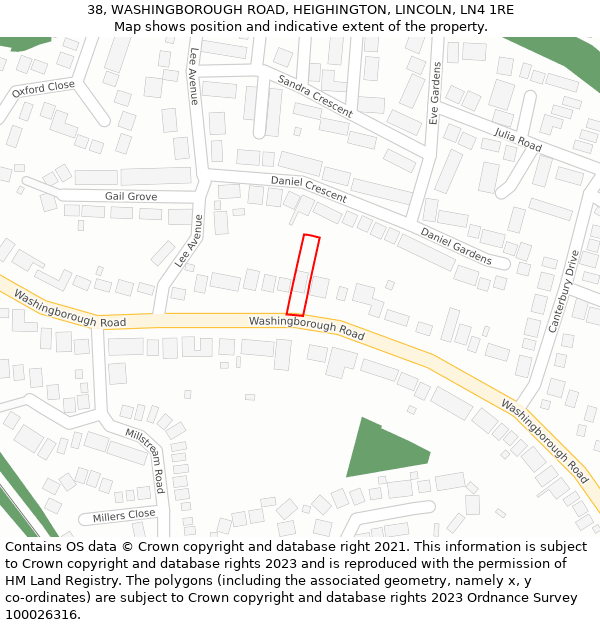 38, WASHINGBOROUGH ROAD, HEIGHINGTON, LINCOLN, LN4 1RE: Location map and indicative extent of plot