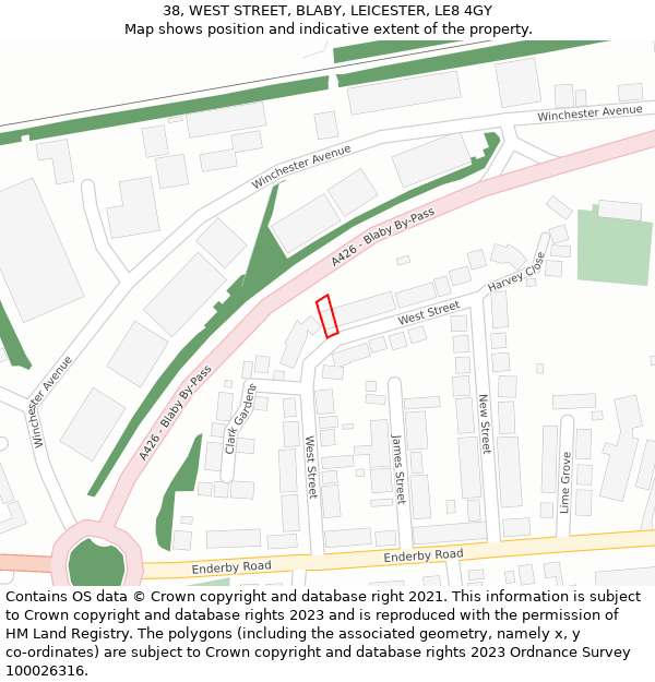 38, WEST STREET, BLABY, LEICESTER, LE8 4GY: Location map and indicative extent of plot