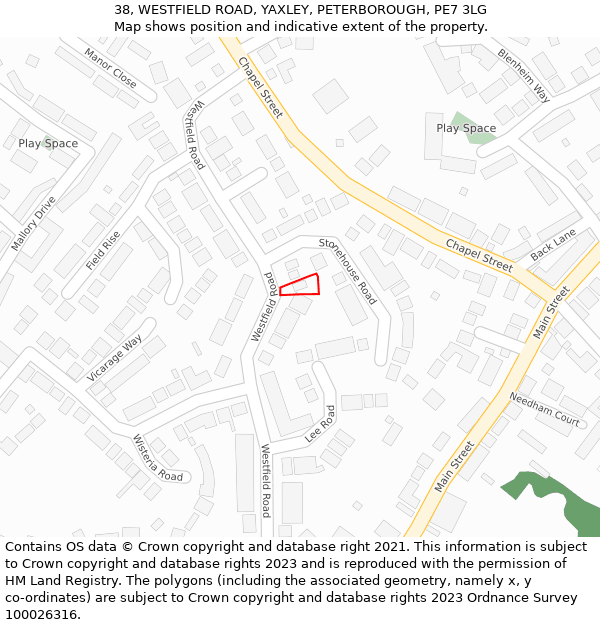 38, WESTFIELD ROAD, YAXLEY, PETERBOROUGH, PE7 3LG: Location map and indicative extent of plot