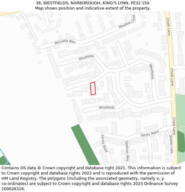 38, WESTFIELDS, NARBOROUGH, KING'S LYNN, PE32 1SX: Location map and indicative extent of plot
