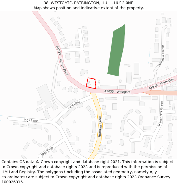 38, WESTGATE, PATRINGTON, HULL, HU12 0NB: Location map and indicative extent of plot