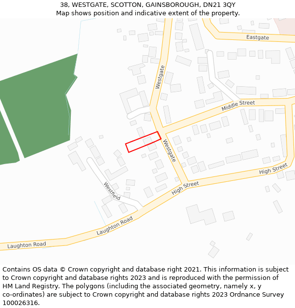 38, WESTGATE, SCOTTON, GAINSBOROUGH, DN21 3QY: Location map and indicative extent of plot