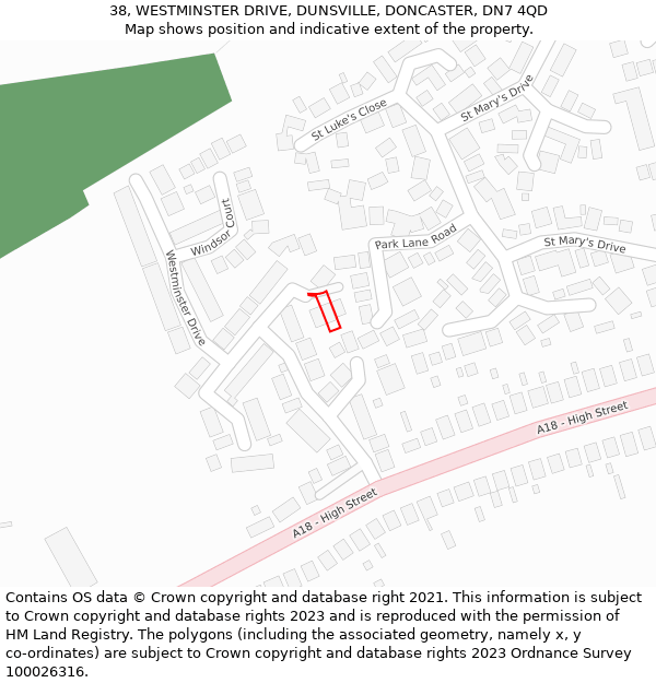 38, WESTMINSTER DRIVE, DUNSVILLE, DONCASTER, DN7 4QD: Location map and indicative extent of plot