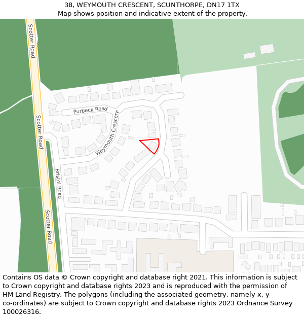 38, WEYMOUTH CRESCENT, SCUNTHORPE, DN17 1TX: Location map and indicative extent of plot