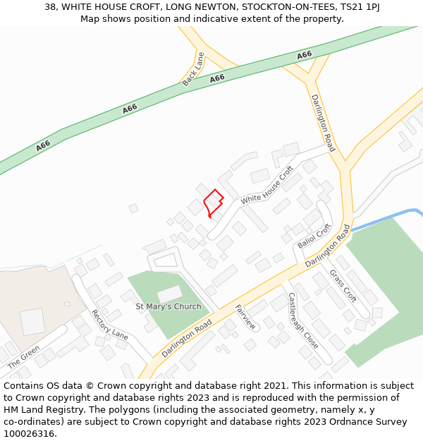 38, WHITE HOUSE CROFT, LONG NEWTON, STOCKTON-ON-TEES, TS21 1PJ: Location map and indicative extent of plot