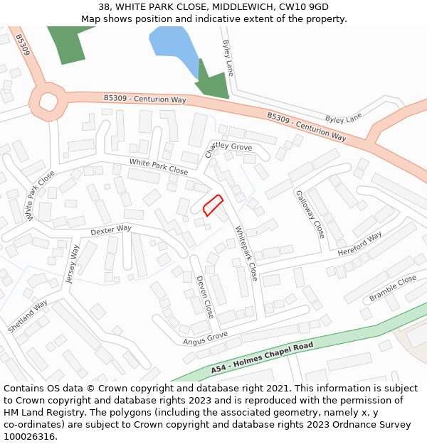 38, WHITE PARK CLOSE, MIDDLEWICH, CW10 9GD: Location map and indicative extent of plot