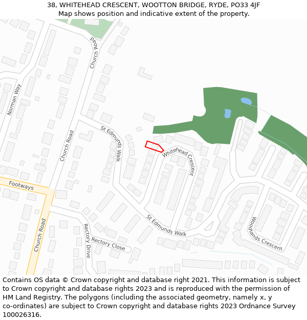 38, WHITEHEAD CRESCENT, WOOTTON BRIDGE, RYDE, PO33 4JF: Location map and indicative extent of plot
