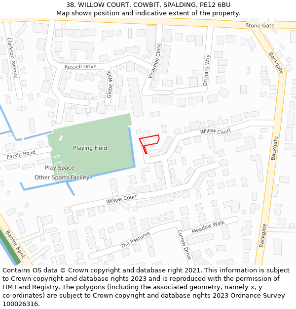 38, WILLOW COURT, COWBIT, SPALDING, PE12 6BU: Location map and indicative extent of plot