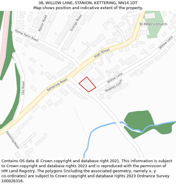 38, WILLOW LANE, STANION, KETTERING, NN14 1DT: Location map and indicative extent of plot