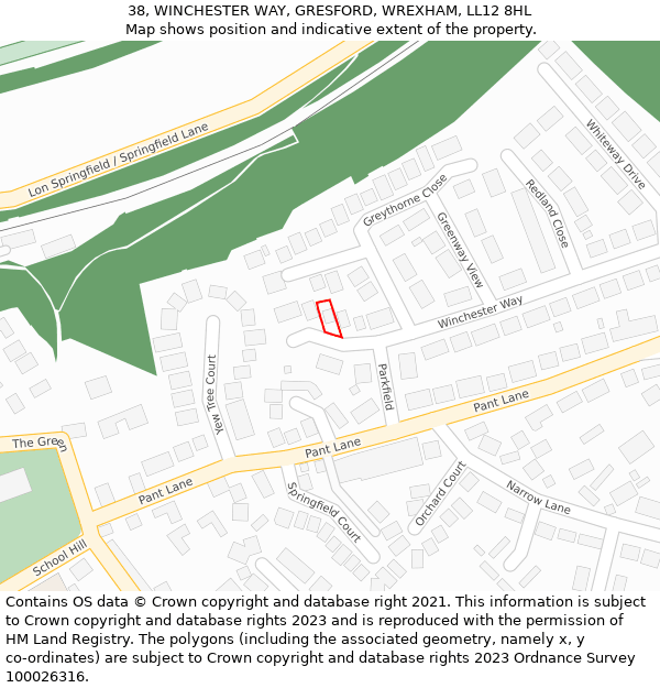 38, WINCHESTER WAY, GRESFORD, WREXHAM, LL12 8HL: Location map and indicative extent of plot