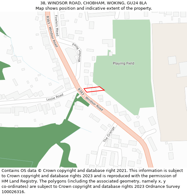 38, WINDSOR ROAD, CHOBHAM, WOKING, GU24 8LA: Location map and indicative extent of plot