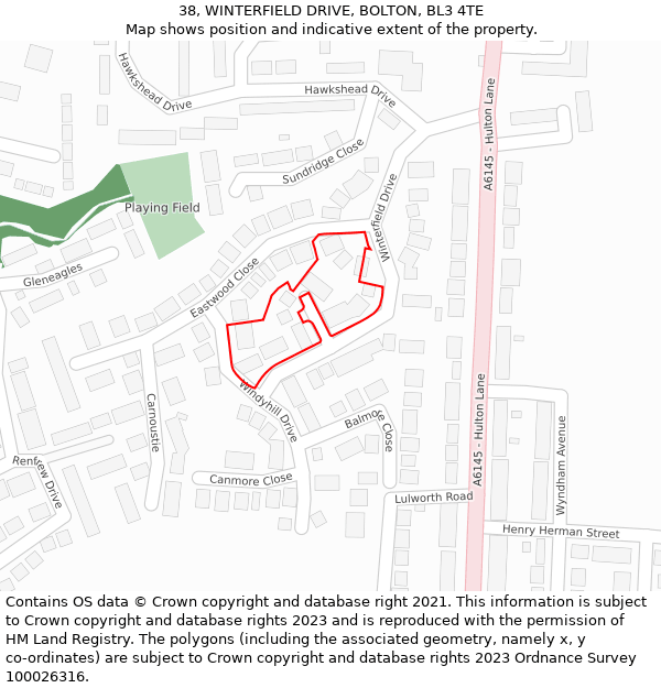 38, WINTERFIELD DRIVE, BOLTON, BL3 4TE: Location map and indicative extent of plot