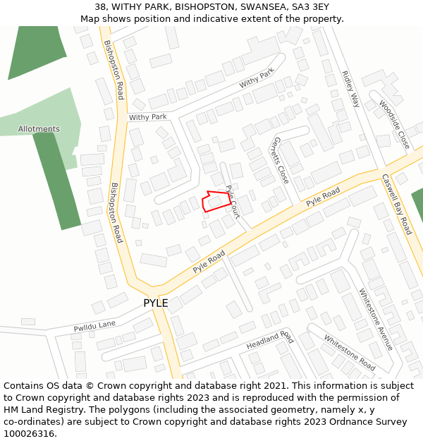 38, WITHY PARK, BISHOPSTON, SWANSEA, SA3 3EY: Location map and indicative extent of plot