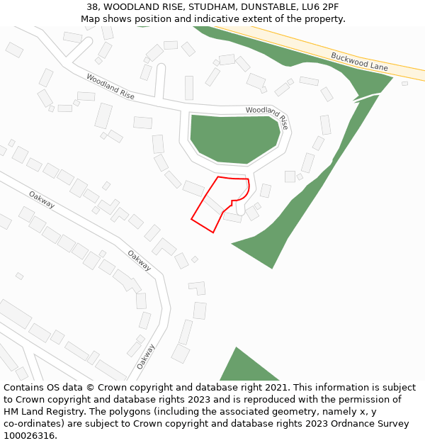 38, WOODLAND RISE, STUDHAM, DUNSTABLE, LU6 2PF: Location map and indicative extent of plot