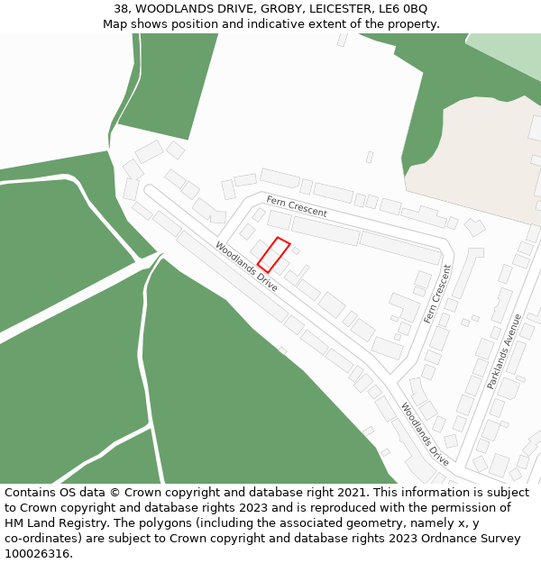 38, WOODLANDS DRIVE, GROBY, LEICESTER, LE6 0BQ: Location map and indicative extent of plot