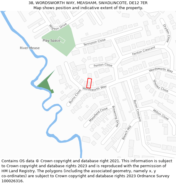 38, WORDSWORTH WAY, MEASHAM, SWADLINCOTE, DE12 7ER: Location map and indicative extent of plot