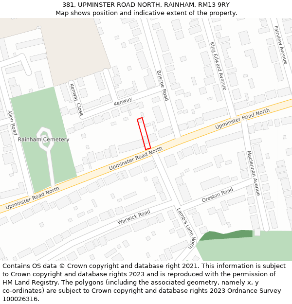 381, UPMINSTER ROAD NORTH, RAINHAM, RM13 9RY: Location map and indicative extent of plot